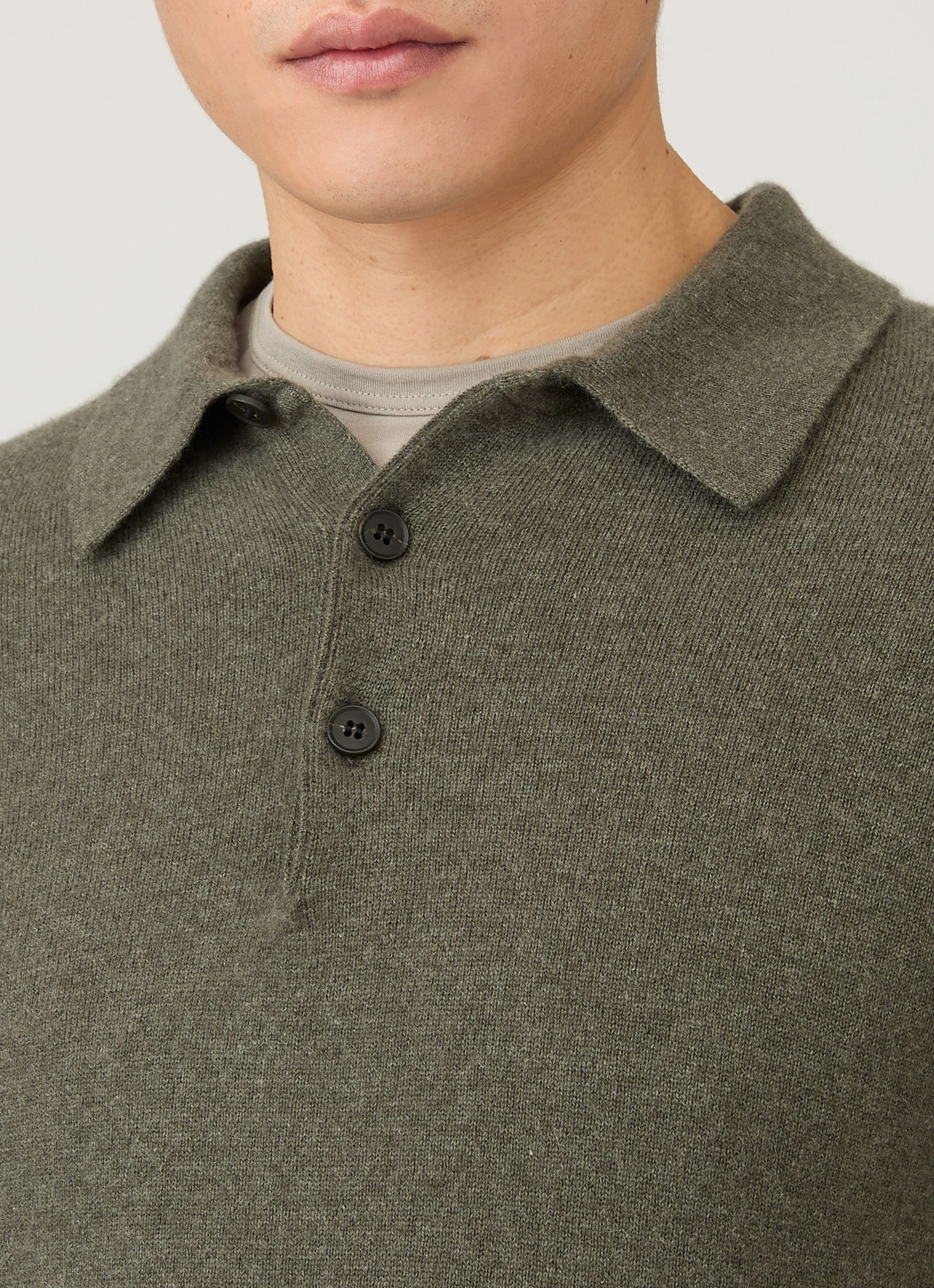 Men's Cashmere Knitted Polo Shirt in Khaki - Image 6