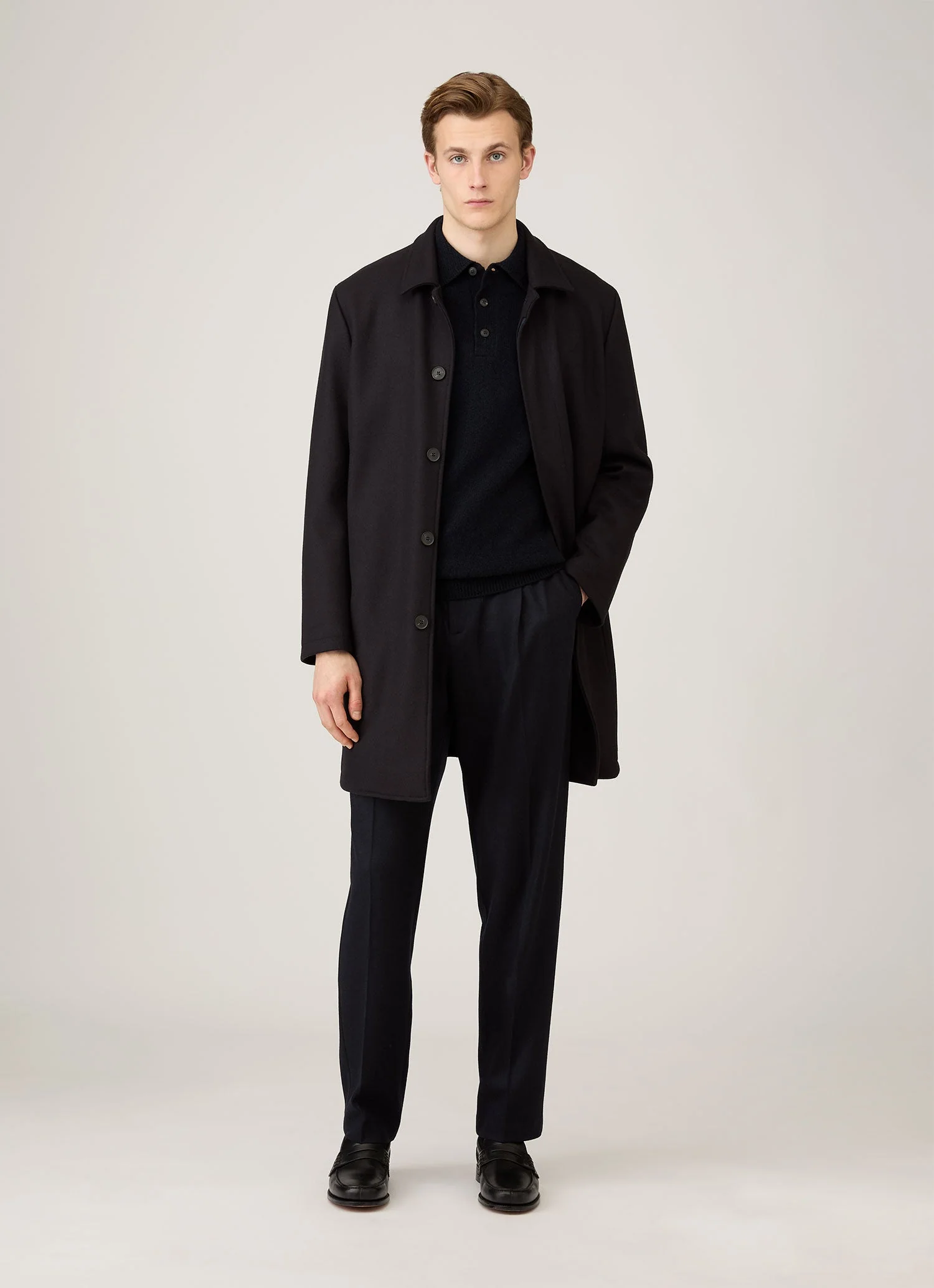 Men's Lambswool Knitted Polo Shirt in Dark Navy Mouline - Image 3