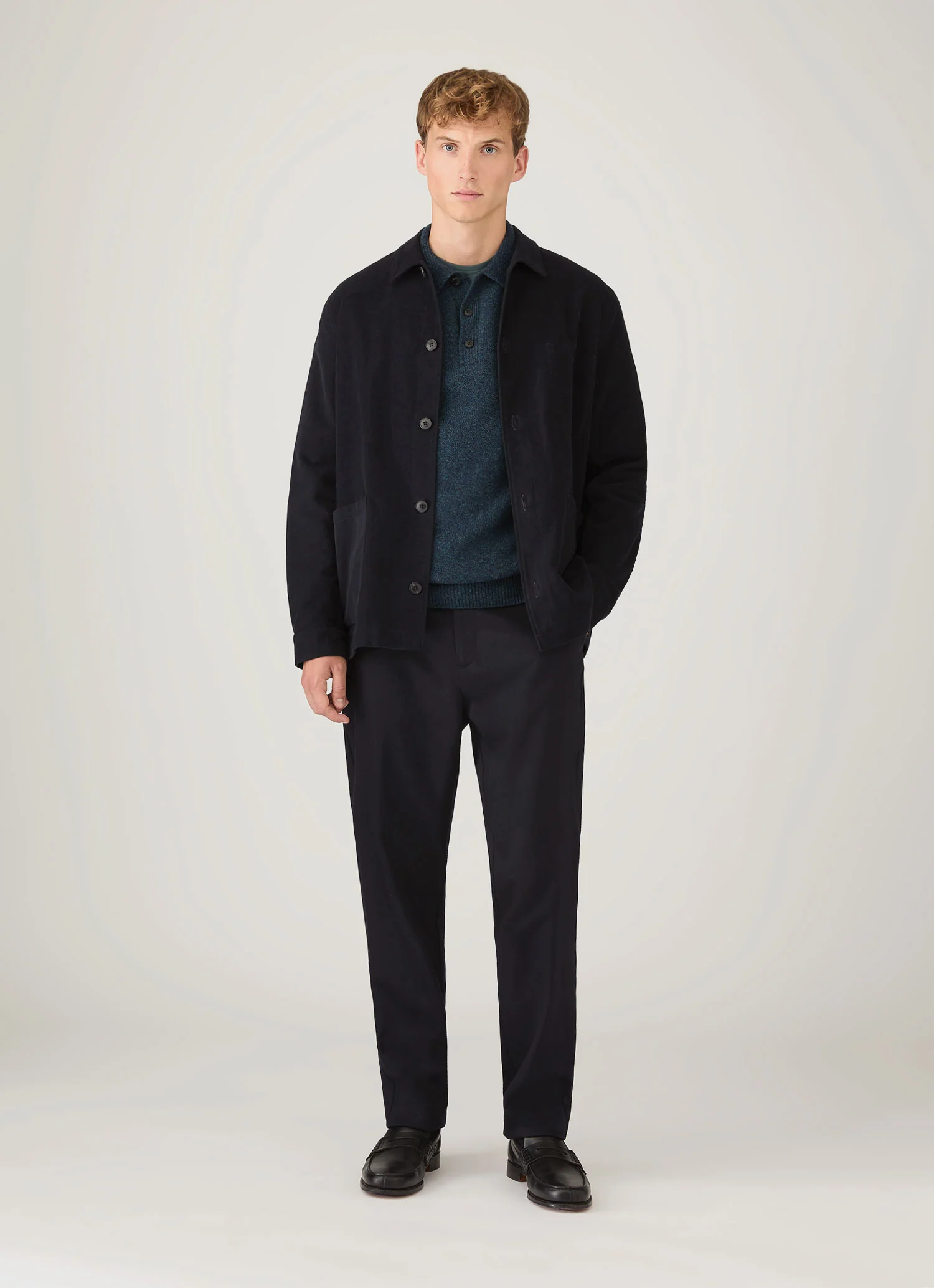 Men's Lambswool Knitted Polo Shirt in Dark Petrol Twist - Image 3