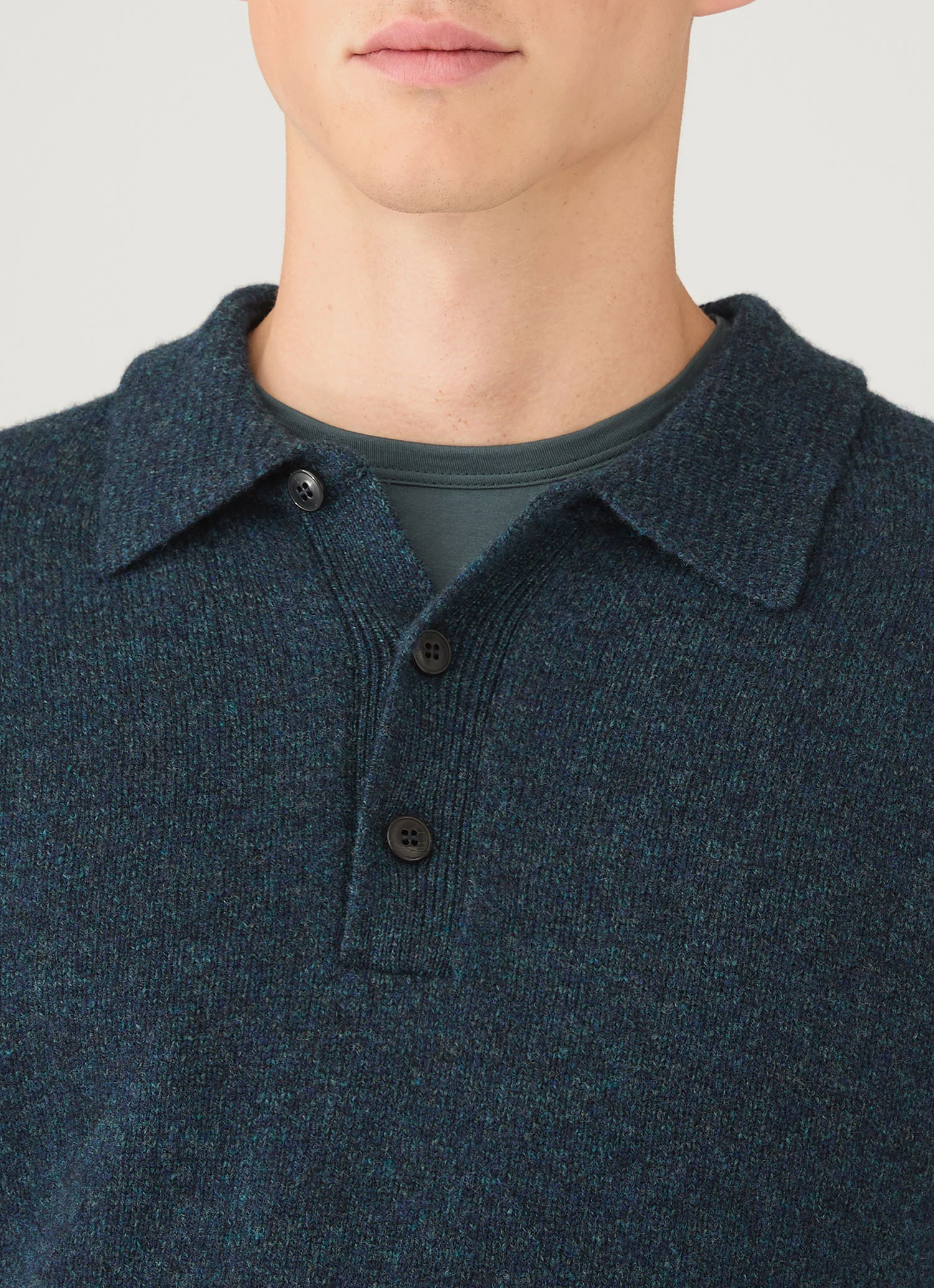 Men's Lambswool Knitted Polo Shirt in Dark Petrol Twist - Image 6
