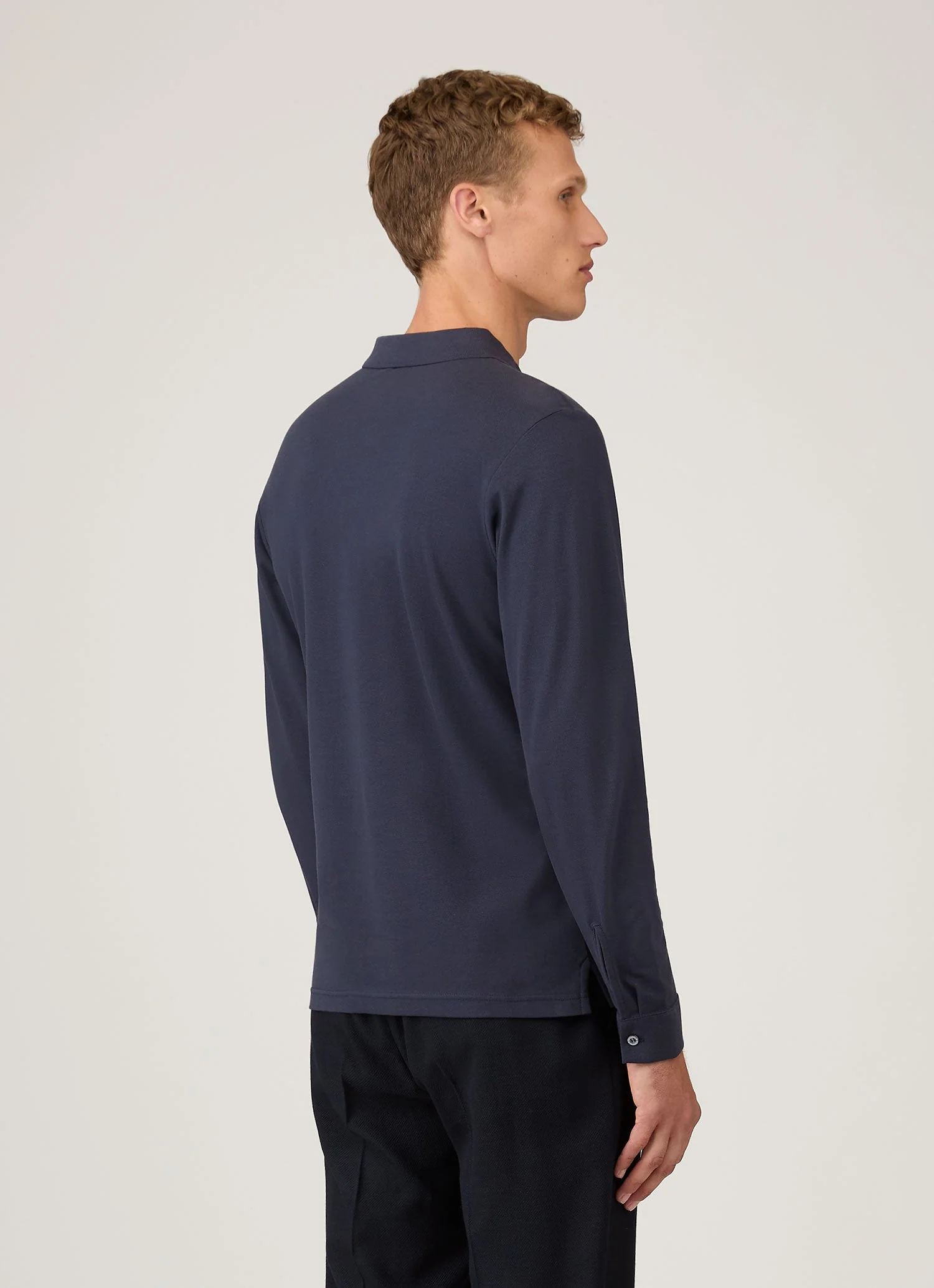 Men's Long Sleeve Piqué Polo Shirt in Navy - Image 5