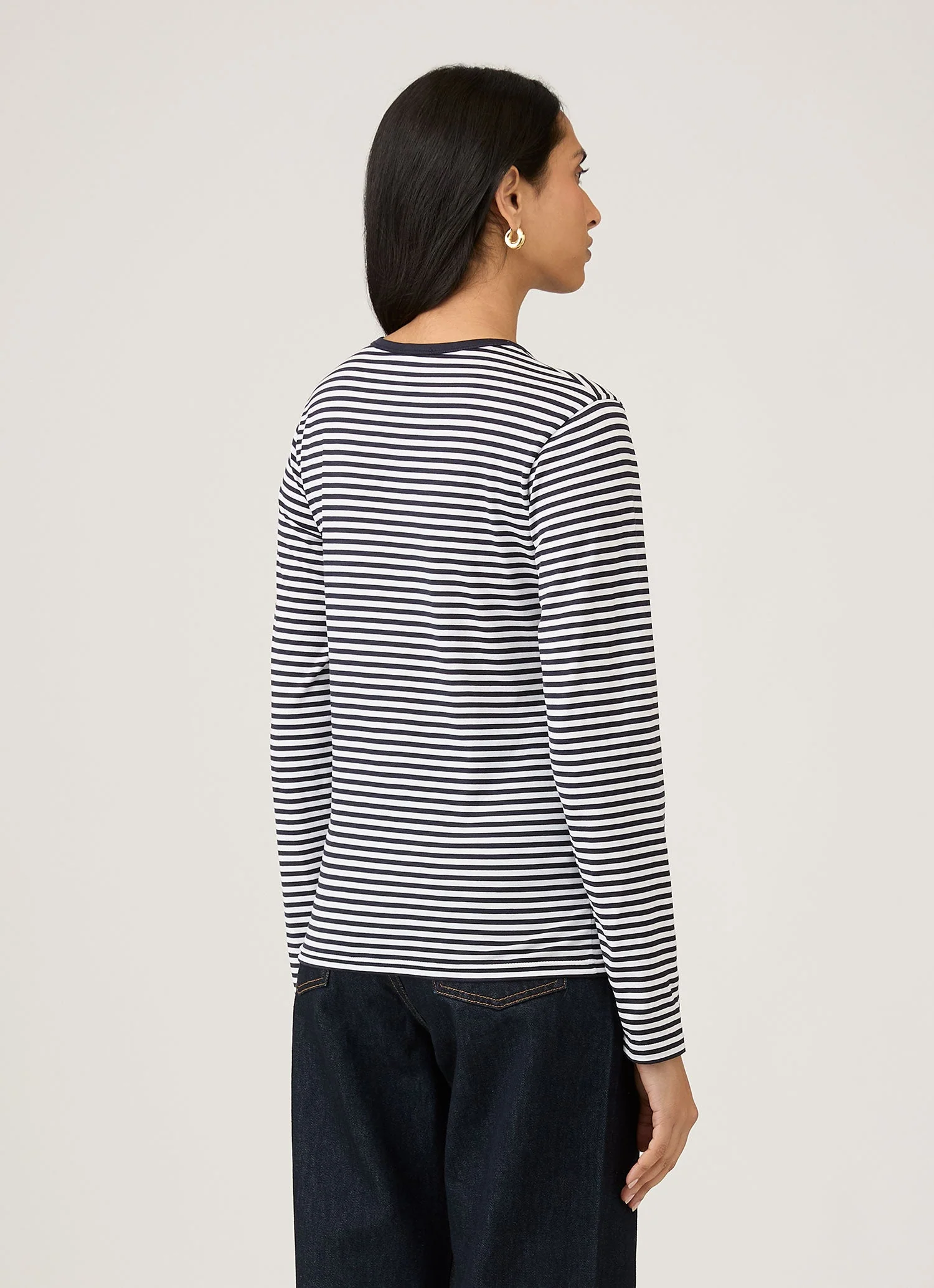 Women's Long Sleeve Classic T-shirt in White/Navy English Stripe - Image 3